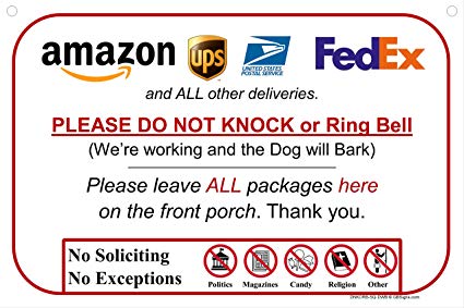 Leave Package Sign - Do Not Knock or Ring Bell (Dog will Bark - Hang sign)