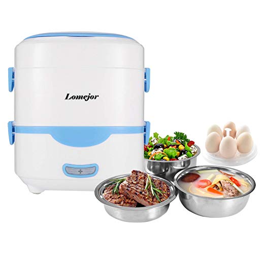 Lomejor Self Cooking Electric Lunch Box, Mini Rice Cooker, Multi-function Cooking Steaming Lunch Box for Home Office School Cook Raw Food, 1.5L/110V/ Blue