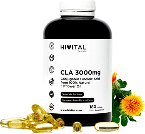 CLA Conjugated Linoleic Acid 3000mg per dose | 1000mg x 180 softgels from Natural Safflower Oil | for Weight Loss and Muscle Buidling | by Hivital