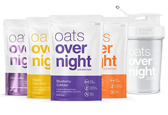 Oats Overnight Oatmeal - 8 Pack x 2.5oz+, 20g Protein - Variety Pack - 100% Whole Grain, Rolled Oats, Vegan, Dairy-Free, Pea Protein, High Fiber, Low Sugar, Gluten-Free, Non-GMO, BlenderBottle…