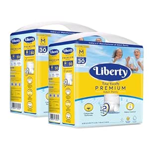 Liberty Premium Adult Diaper Pants, Medium (M) Size, 60 Count, Waist Size (61-115cm | 24-45 inches), Unisex, Leak Proof, Extra Elastics, High Absorbency, 12 Hrs protection, Pack of 2, 30 count/pack