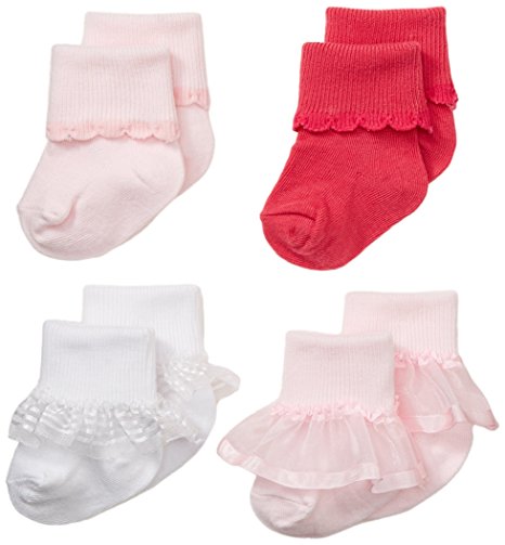 Nuby Baby Girl Infant/Newborn 4-Pack Ruffle Turn Cuff Socks, 0-6 Months, Pink