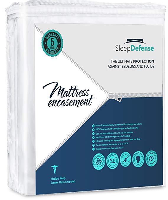 Sleep Defense Premium 100% Waterproof/Bed Bug Proof Noiseless Mattress Encasement, Fully Protect Your Mattress from Bed Bugs, Fluids, Mites and Allergens, Queen Standard