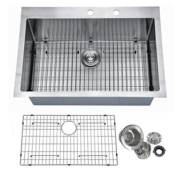 PRIMART PHT3322S 33 Inch Handcrafted 16 Gauge 10" Deep Single Basin Stainless Steel Top mount Drop in Kitchen Sink With 2 Faucet Hole, Bottom Sink Grid & Drainer