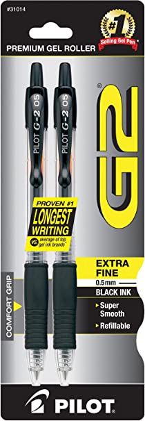 PILOT G2 Premium Refillable & Retractable Rolling Ball Gel Pens, Extra Fine Point, Black Ink, 2-Pack (31014)