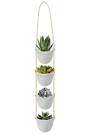 Nellam Ceramic Rope Hanging Planters – 4 Pcs, White, Modern Basket Pots, Tiered Hangers – for Indoor and Outdoor Use - Ideal for Garden Flowers, Herbs, Strawberry Plants