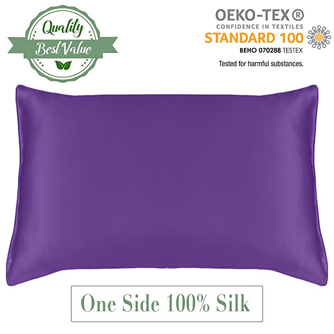 MYK All-Natural 100% Pure Mulberry Silk Pillowcase for Hair Rejuvenating Skin Anti-Winkle with Hidden Zipper (Facial Side Silk) Hypoallergenic Charmeuse Cover/Sham, Queen Size 20x30 inches Purple
