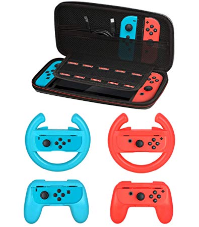 Accessories Kit for Nintendo Switch Games Starter, 2X Steering Wheel, 2X Grip Kit, 1x Travel Carry Case(5 in 1 Red/Blue)