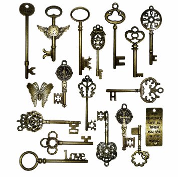 Vintage Skeleton Keys Charm Set in Antique Bronze Pack of 18 Keys, 18 Different Style, No Repeat