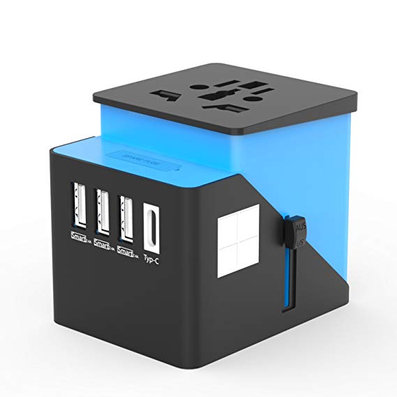 Universal Travel Adapter, International Power Adapter with 3 USB   Type-C 3.4A Charger & Worldwide AC Wall Outlet Plugs for US,EU,UK,AU 150  Countries - Built-in Spare Fuse