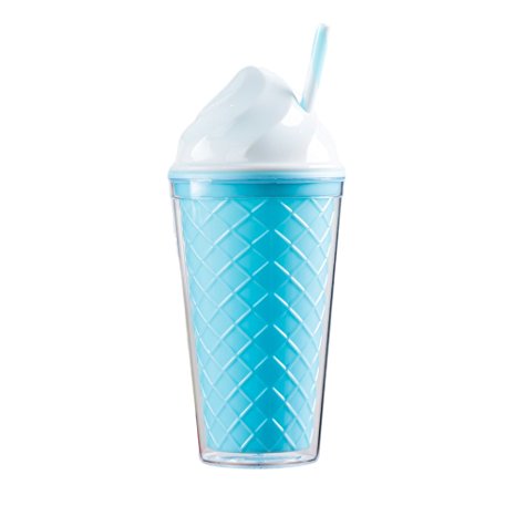 Bewaltz Ice Cream Double Wall To Go Cold Cup Tumbler with Straw BPA Free 16 oz. (Blue Cone)