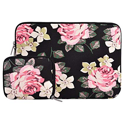 MOSISO Laptop Sleeve Bag Compatible 11-11.6 Inch MacBook Air, Ultrabook Netbook Tablet with Small Case, Canvas Fabric Rose Pattern Protective Carrying Cover, Black