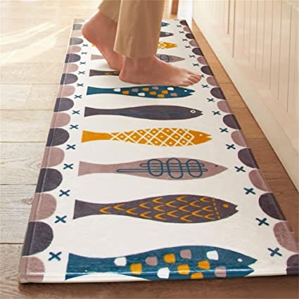 Homcomodar Washable Kitchen Floor Rug Non-slip Runner Bath Mat Modern Fish Pattern Carpet Absorbent Doormats-17.72" By 47.24"