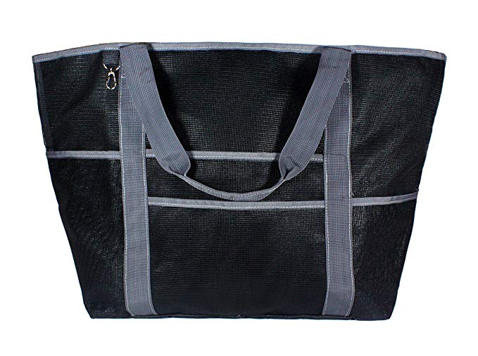 Large Mesh Beach Bag w/ Zipper Pocket, Heavy Duty Quality, Use as Durable Multi-Purpose Tote Bag, 8 Pockets & Key Clip