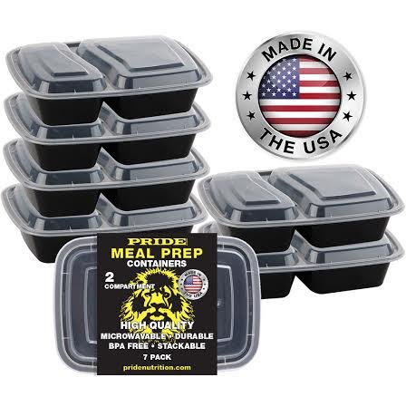 Meal Prep Food Containers - MADE IN THE USA - BPA Free 2 Compartment Proportional Durable Stackable Freezable Microwaveable Tupperware with Lids Top Rated Long Lasting By Pride Nutrition (7 Pack)