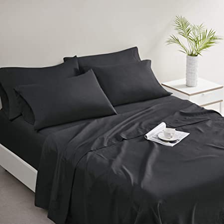 Comfort Spaces Microfiber Bed Sheets Set 14" Deep Pocket, Wrinkle Resistant, All Around Elastic - Year-Round Cozy Bedding Sheet, Matching Pillow Cases, Twin, Black 4 Piece