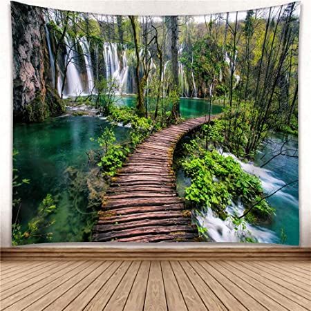 Green Rainforest Waterfall River Wooden Bridge Wall Hanging Tapestry Decor Living Room Bedroom for Home Decoration Tapestries Blanket Inhouse by Printed in 51x59 Inches for Wall Hanging Tapestry