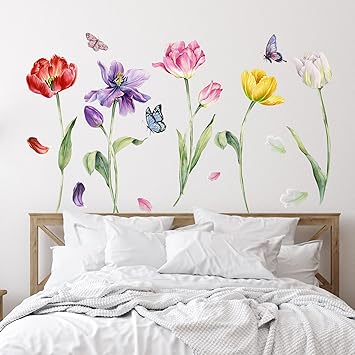 6 Pieces Flowers Wall Decals Vinyl Dragonflies Flowers Wall Stickers Removable Floral Wall Murals Peel and Stick Colorful Flower Wall Decor for Girls Bedroom Living Room Nursery (Tulip)