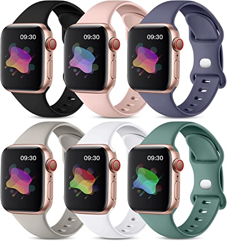 Maledan Compatible with Apple Watch Band 38mm 40mm 41mm 42mm 44mm 45mm Women Men, Soft Silicone Sport Strap Bands for iWatch Series 7 6 5 4 3 2 1 SE, 6 Pack Small Lage