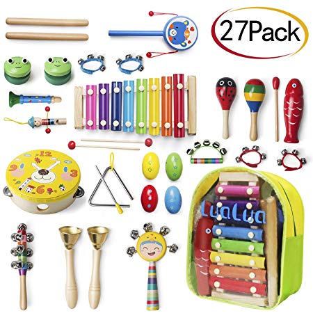 LuaLua Toddler toys Musical Instruments for 1 2 3 year olds 27 pcs Kids Percussion Set Child Wooden Xylophone Instrument wooden toys for Boys and Girls presents with Storage Backpack