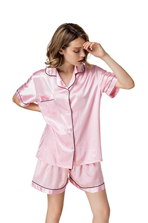 NANJUN Women's Satin Pajamas Sleepwear Long and Short Button-Down Pj Set