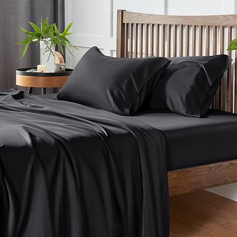 CozyLux Bamboo Sheets Queen Size, Organic Bamboo Viscose, Oeko-TEX Certified Luxuriously Soft & Cooling Silky Sheet Set - 16" Deep Pockets 4 Piece Bedding Sheets & Pillowcases，Black