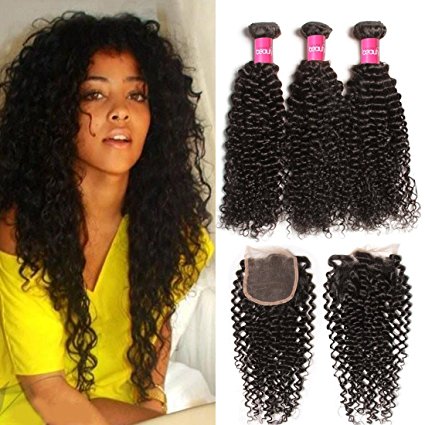 Longqi Hair Brazilian Curly Virgin Hair 3 Bundles with 4x4 Lace closure (20 22 24 14Free Part)
