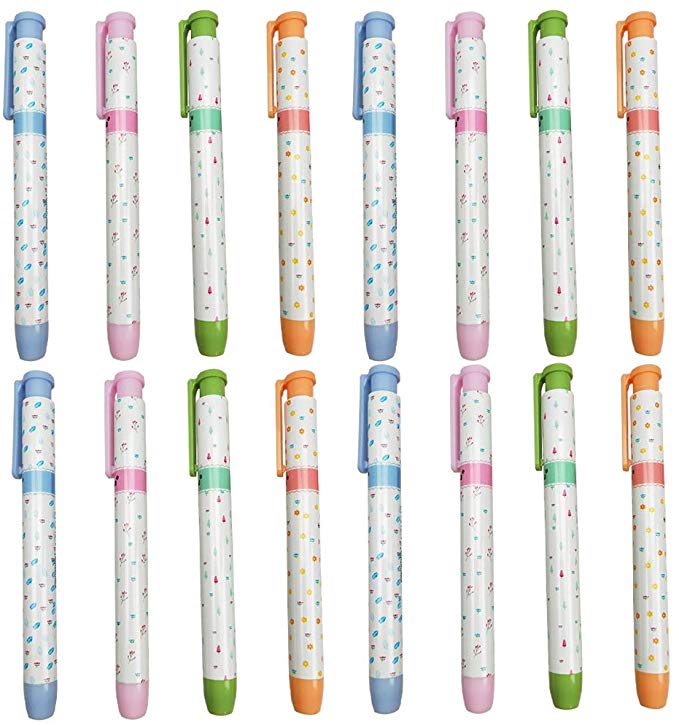 16PCS Lovely Stationery Retractable Click Eraser Portable Mechanical Pen-Style Pencil Erasers Rubber Stick Erasers for Kids Students Drawing Painting Gift