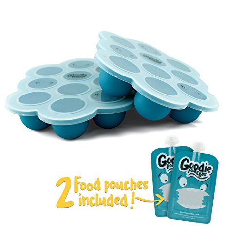 Silicone Freezer Tray for Baby Food Storage - Twin Pack - With Bonus 2 Reusable Food Pouches - BPA Free High Quality Freezer Container with Lid for Homemade Puree, Ice, Breastmilk & Baking