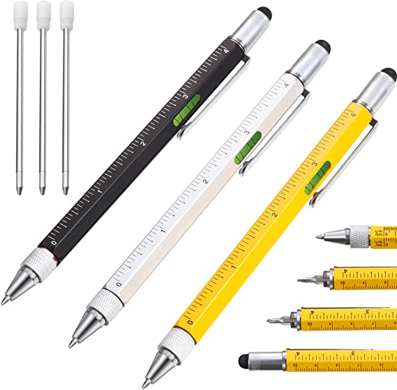 3 Pieces Present Pen for Men, Multi-tool Pen, 6 in 1 Pen mini Ballpoint pen, Ruler, Screwdriver, Flat Head, Touch-screen Pen and 3 Pieces Refills for Graduation (Black, Yellow, Silver Shell)