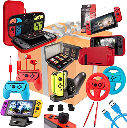Switch Accessories Bundle - Orzly Geek Pack for Nintendo Switch: Case & Screen Protector, Joycon Grips & Racing Wheels, Switch Controller Charge Dock, Comfort Grip Case & more - ColourPop