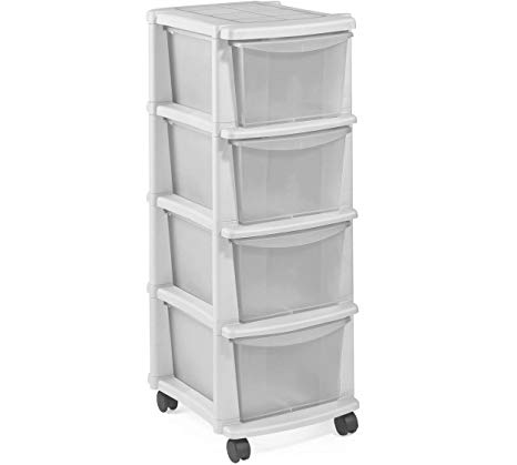 Keter 4 Drawer Tower Storage Unit - White, Mounted on wheels for easy manoeuvrability, Size H86, W32, D38cm.