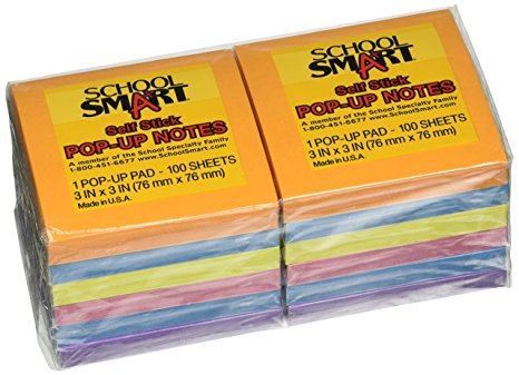 School Smart Pop Up Self Stick Notes - 3 x 3 inches - 12 Pads of 100 Sheets - Assorted Brights