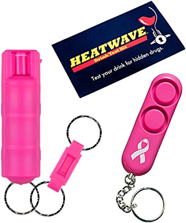 Heat Wave College Safety Bundle: Sabre Pink Campus Pepper Gel, a Sabre Personal Alarm and a Drink Test Kit - Lot of 3 as Shown