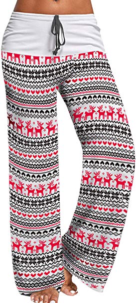 Angashion Women's Christmas Print Wide Leg Causal Pajama Pants Drawstring High Waist Palazzo Lounge Pants