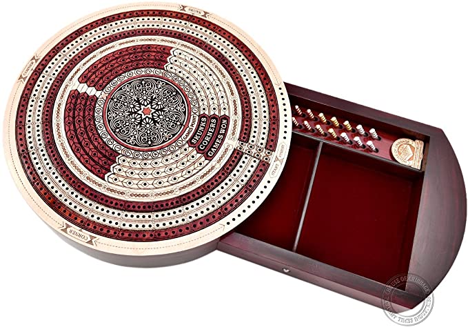 House of Cribbage - 10" Round Shape 4 Tracks Continuous Cribbage Board Maple / Bloodwood - Push Drawer & Place for Skunks, Corners & Won Games