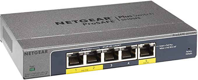 NETGEAR 5-Port PoE Gigabit Ethernet Plus Switch (GS105PE) - Managed, with 2 x PoE PD Powered @ 19W Pass-thru, Desktop or Wall Mount, and Limited Lifetime Protection