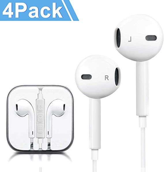 Headphones, 4Pack Quality Earbuds Earphones with Microphone and Volume Control, Compatible with Phone 6s Plus/6s/6/SE/5s/5c/5 Galaxy and More Android Smartphones 3.5mm Headphones White