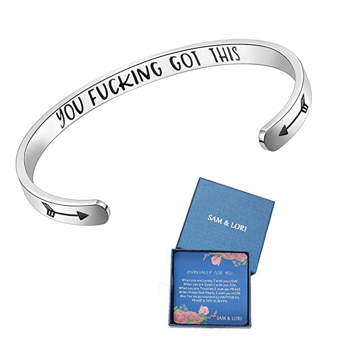 Inspirational Bracelet Cuff Bangle Mantra Quote Keep Going Stainless Steel Engraved Motivational Friend Encouragement Jewelry Gift for Women Teen Girls Sister with Secret Message by SAM & LORI