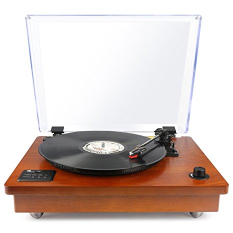 1byone Belt Driven Bluetooth Turntable with Built-in Stereo Speaker, Vintage Style Record Player, Vinyl-To-MP3 Recording, Natural Wood