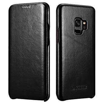 Icarer Galaxy S9 Leather Case, Genuine Vintage Leather Flip Folio Opening Cover in Curved Edge Design Side Open Ultra Slim Style Case for Samsung Galaxy S9 5.8 Inch (Black)