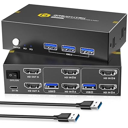 USB3.0 KVM Switch Dual Monitor HDMI, 4K@60Hz KVM Switch 2 Monitors 2 Computers with 3 USB3.0 Ports for 2 PCs Share 2 Monitors and USB Devices, HDMI KVM Switches 2 Port Support Button Switch, EDID