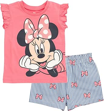 Disney Minnie Mouse Rainbow Floral July 4th T-Shirt and Twill Shorts Outfit Set Infant to Big Kid Sizes (12 Months - 14-16)