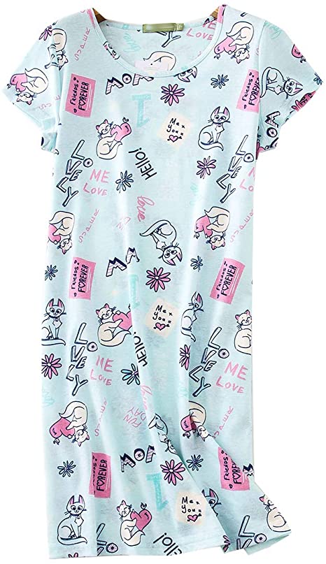 PNAEONG Women's Cotton Nightgown Sleepwear Short Sleeves Shirt Casual Print Sleepdress