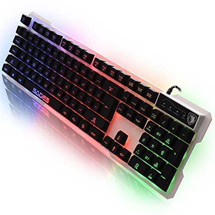 SADES K7 104 Keys LED USB Gaming Keyboard 7 Colors Backlight for Computer Laptop PC (White)