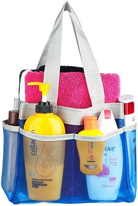 YaeloDesign Shower Caddy Portable Bathroom Mesh Tote Organizer with 7 Storage Compartments Blue