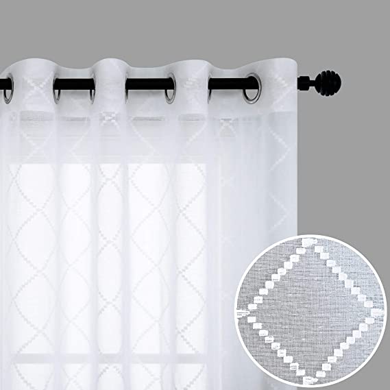 White Sheer Curtains 84 Inches Long for Bedroom Set 2 Panels Grommet Window Semi Voile Light Filtering Drape Embroidered Trellis Pattern Textured White Design Curtains for Living Room Dining 84 Length