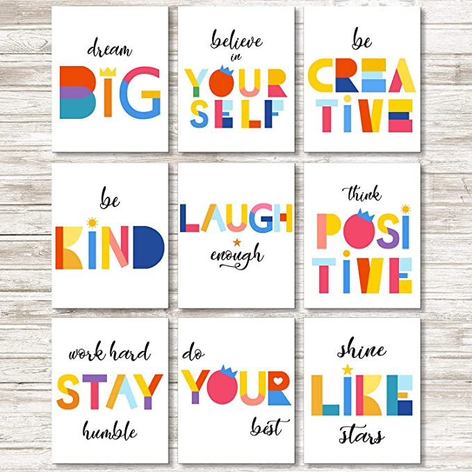 Boao Set of 9 Watercolor Words Inspirational Quote Art Print Motivational Quote Phrases Inspiring Wall Poster Art Painting for Nursery or Kids Room Modern Decoration Unframed