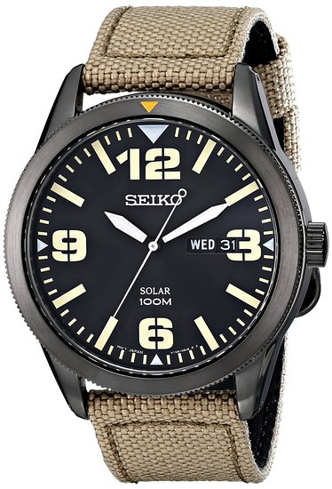 Seiko Men's SNE331 Sport Solar Black Stainless Steel Watch with Beige Nylon Band