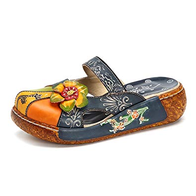 gracosy Leather Slipper, Women's Oxford Slipper Vintage Slip-Ons Colorful Flower Backless Loafer Shoes